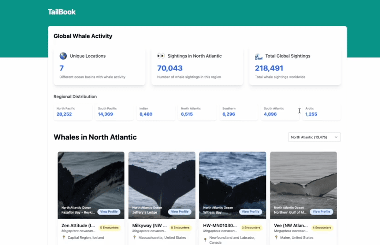 Tail Book application interface showing marine life tracking